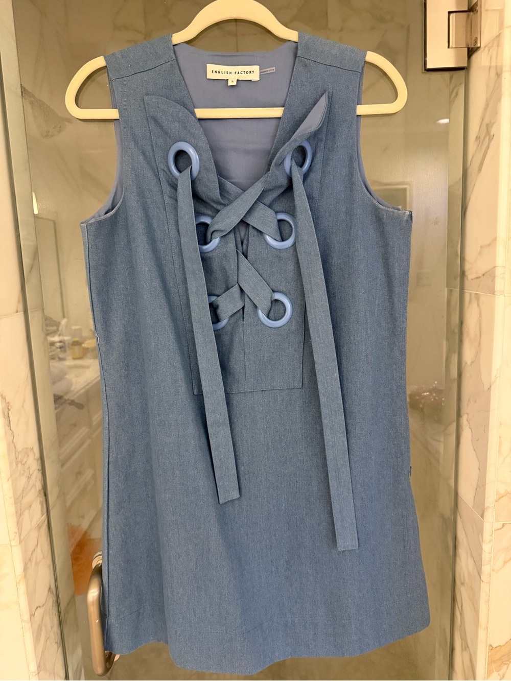 English Factory Light Blue Sleeveless Lace-Up Shift Dress